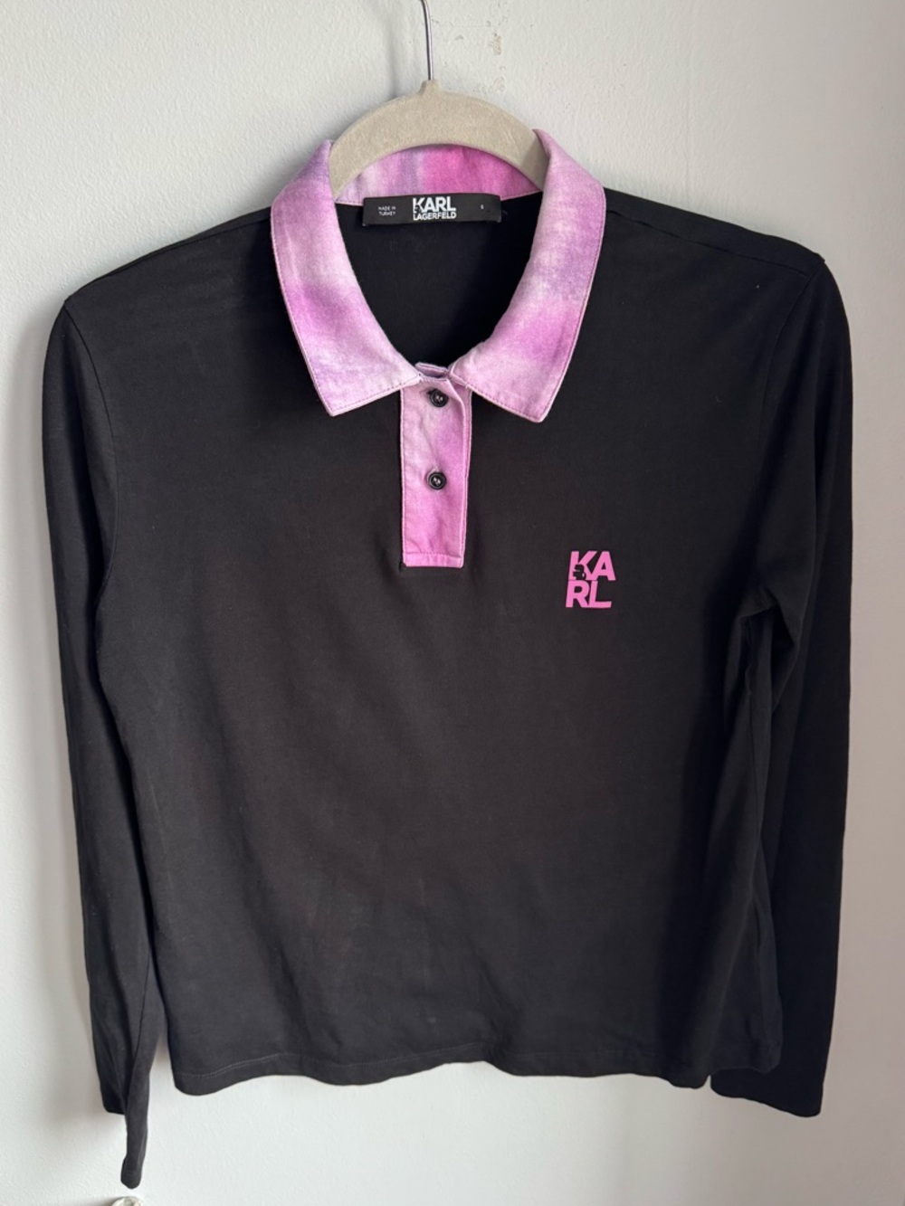 Karl Long-Sleeve Polo with Pink Tie-Dye Collar